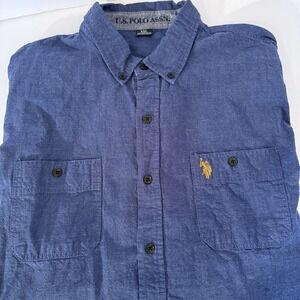 U.S. Polo Assn. Long Sleeve Canvas Button Down-100% Cotton-Denim‎ Color-Logo-XXL